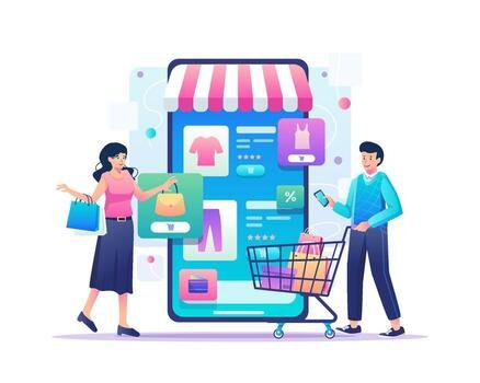 mobile shopping concept a man and a woman buy things in the online store through a big smartphone e commerce and online shopping illustration in flat style vector
